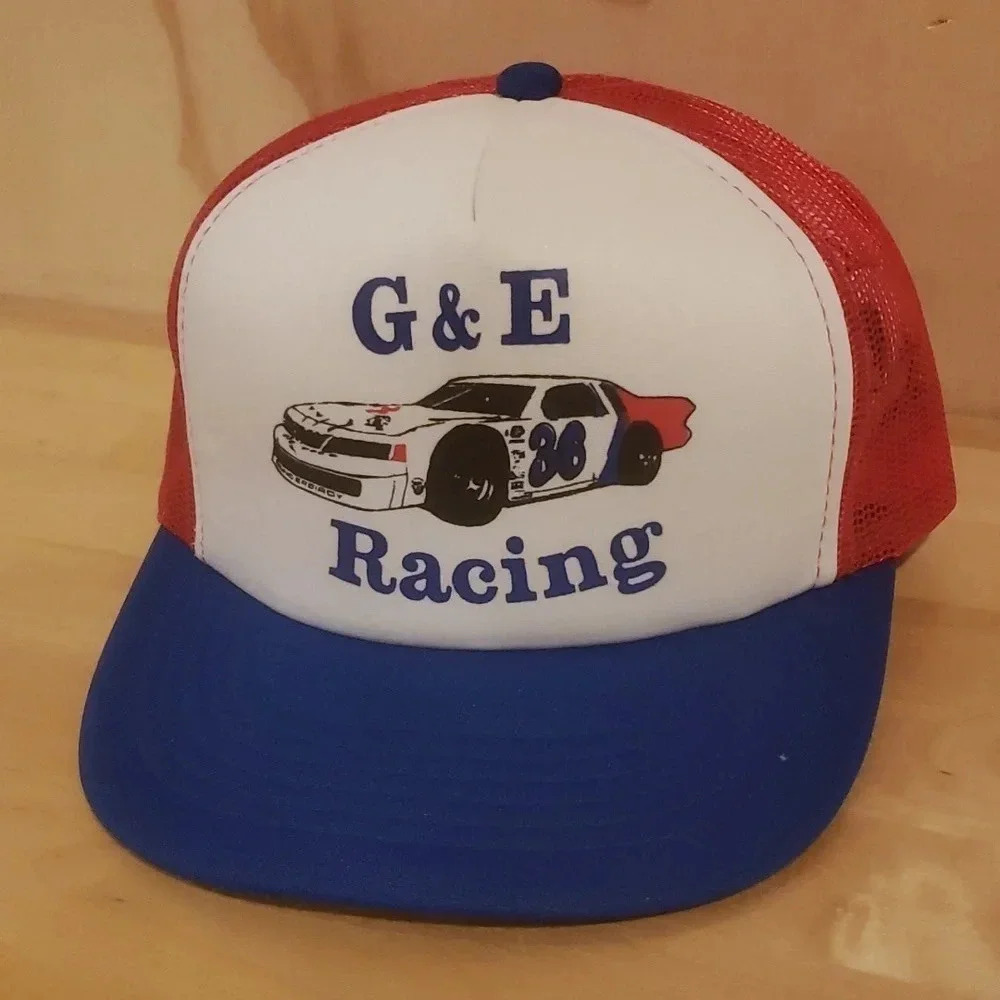 Vintage G & E Racing Mesh  Snapback Trucker Hat Blue/White/Red